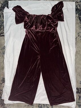 Eloquii Velvet Off-Shoulder Wide-Leg Jumpsuit - Wine